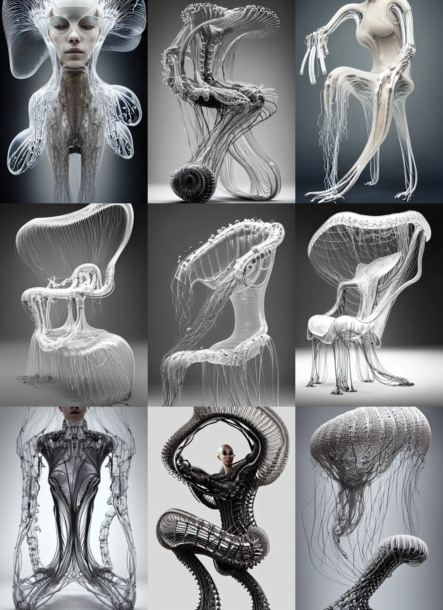 Prompt: sofa armchair armchair armchair furniture in form iris van herpen, inflateble shapes, wires, tubes, veins, jellyfish, white biomechanical details, wearing epic bionic cyborg implants, masterpiece, intricate, biopunk, vogue, highly detailed, artstation, concept art