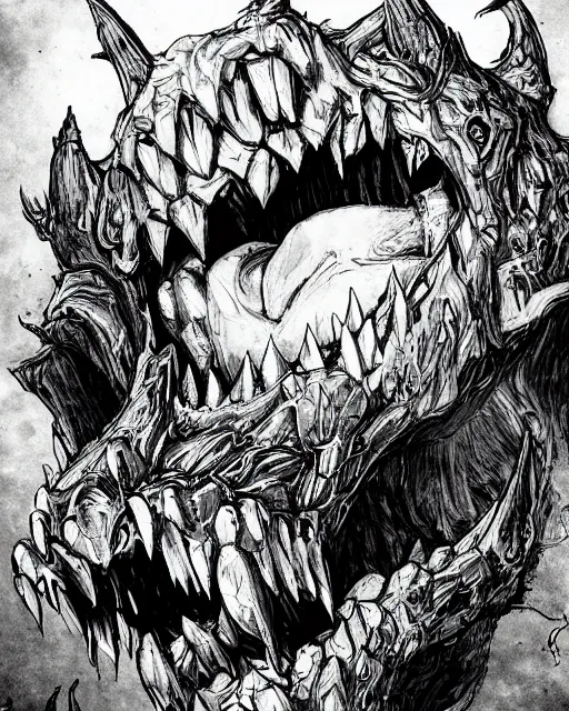 Image similar to A crate with tongue and tooth, terrifying, black and white, fantasy art, monster art, in the style of masami kurumada, illustration, epic, fantasy, intricate, hyper detailed, artstation, concept art, smooth, sharp focus, ray tracing