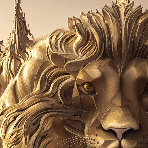 Image similar to lion in the style of gehry and gaudi, ultra detailed, digital painting, trending artstation, concept art, illustration, cinematic lighting, photorealism, epic, octane render