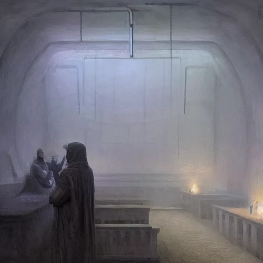 Prompt: byzantine science fiction burial chamber courtroom filled with cryogenic sarcophogi spilling white smoke, by greg rutkowski, zdzisław beksinski, anato finnstark, and rembrandt