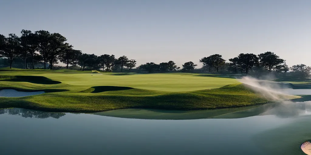 Image similar to a great photograph of the most amazing golf hole in the world completely surrounded by water, calm water, perfect light, ambient light, 5 0 mm, golf digest, top 1 0 0, fog