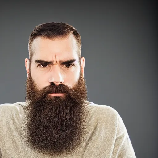 Prompt: a bearded man, eyebrow raised high, skeptical expression, condescending, centered in frame, professional photography, studio lighting, dark background