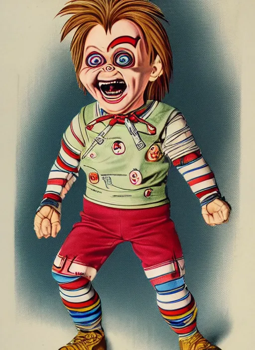 Image similar to vintage medical anatomical illustration of chucky from child's play ( 1 9 8 6 ), highly detailed, labels, intricate writing