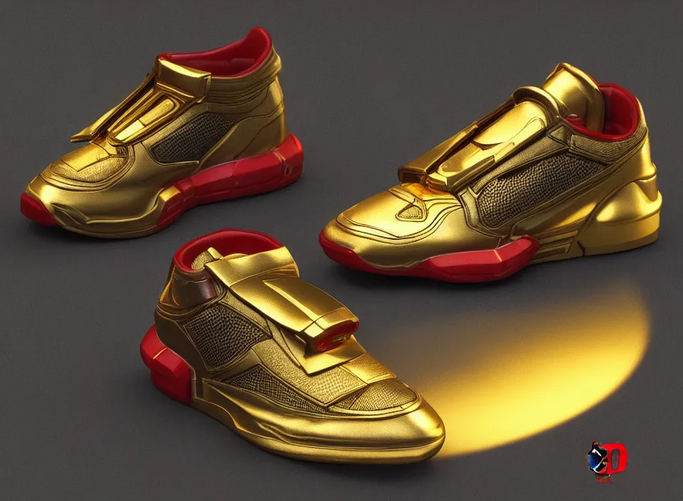Image similar to realistic 3 d render of a cyberpunk android sneaker, beautiful studio lighting, soft, sharp focus, neon cyberpunk highlights, intricate detail, gold and red metal, soft rubber, textured plastic, octane render, side view, close up, trending on artstation, deviantart, nike, adidas, jakub rebelka