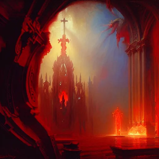 Prompt: a chapel's ceiling is broken in half as a red magical portal from hell opens up there and demons with lucifer start pouring in. highly detailed painting by gaston bussiere, greg rutkowski, craig mullins 8 k