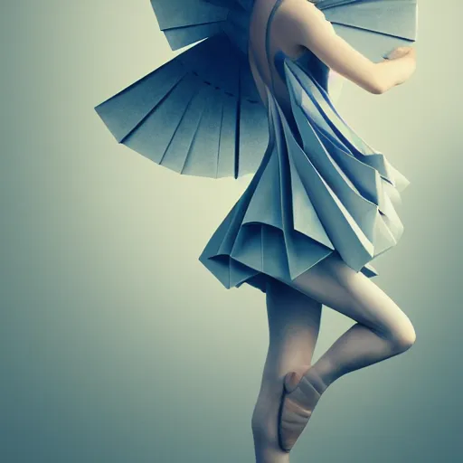 Prompt: 3 / 4 view of a ballerina girl wearing an origami dress, eye - level medium shot, elegant, by eiko ishioka, givenchy, by peter mohrbacher, centered, fresh colors, origami, fashion, detailed illustration, vogue, high depth of field, japanese, reallusion character creator