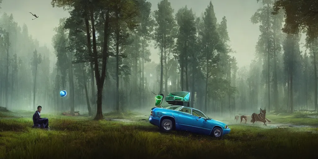 Prompt: blue knight sits on top of a green car, elegant scene, indian forest, wide angle, cinematic, ultrarealistic, trending on artstation, cgsociety, highly detailed, color graded, rendered in unreal engine 4 k hq, matte painting, by simon stalenhag, horizon forbidden west