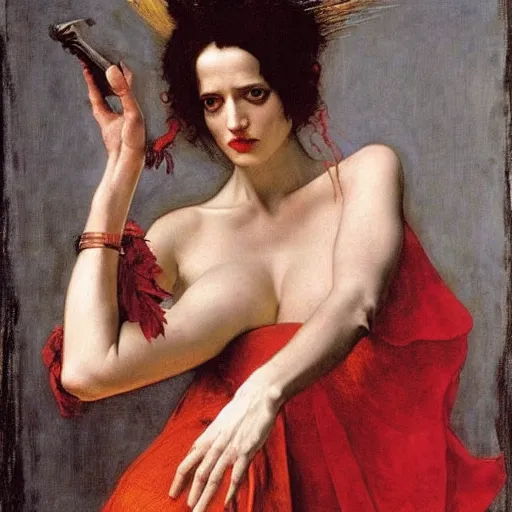 Prompt: eva green as a bandit queen, goddess of fire, fine silk red dress, by edgar maxence and caravaggio and michael whelan and delacroix