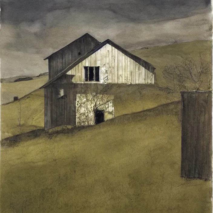 Image similar to a building in a landscape, by andrew wyeth