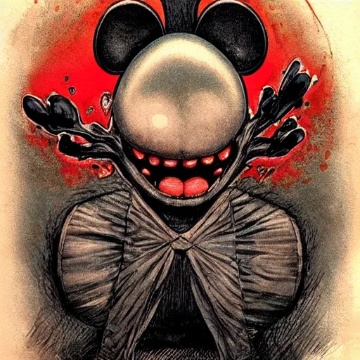 Prompt: front view of a demonic evil mickey mouse cyclops one eye, dripping blood, symmetrical, by jean - baptiste monge!!!!!!!!!!!!!!!!!!!!!!!!!!!