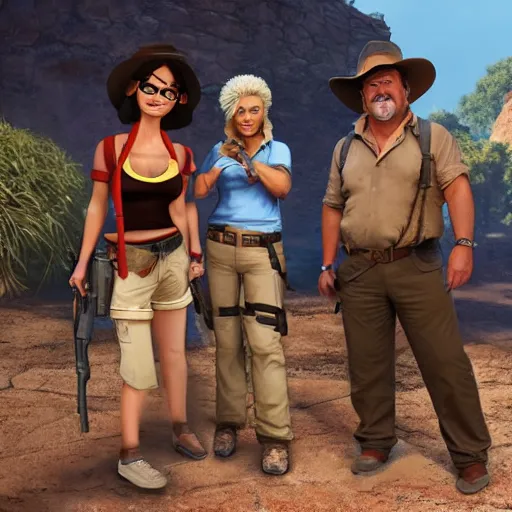 Image similar to still from the movie with Indiana Jones (played by Guy Fieri), Lara Croft (played by Linda Belcher) and Nathan Drake (played by Donald Duck), award-winning cinematography, 4k