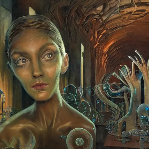 Image similar to detailed face of a woman in a biomorphic courtyard with dna sculptures at a science expo, atmospheric, ambient, pj crook, syd mead, livia prima, artgerm, greg rutkowski, nick alm, casey baugh