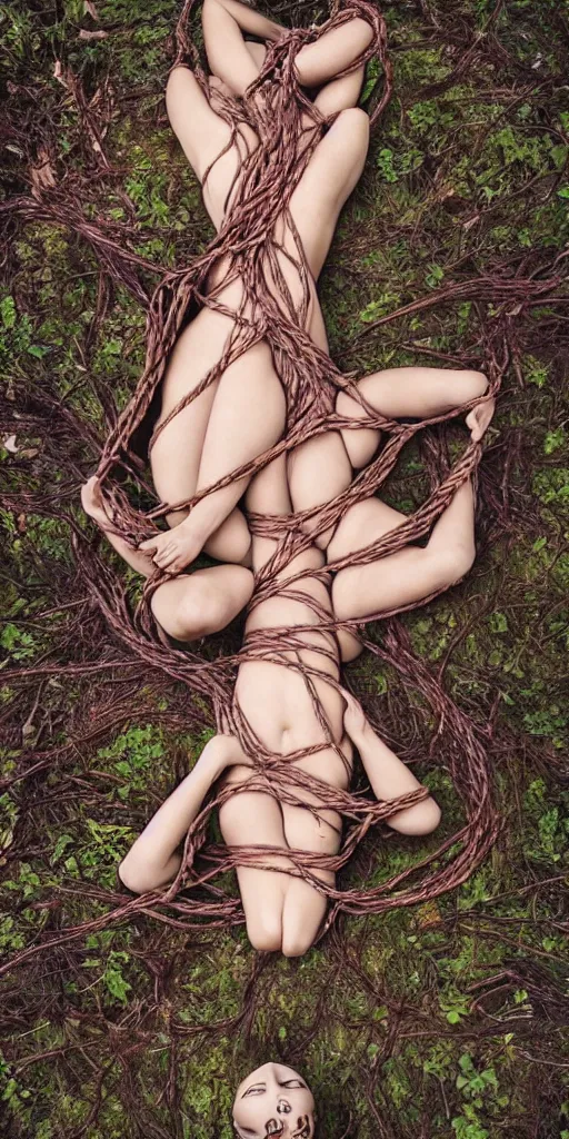 Prompt: beautiful painted female bodies intertwined, shibari ropes wrapped around bodies, bodies lying on the forest floor, surrealism, abstract, no face