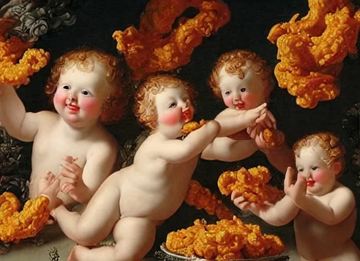 Image similar to cherubs with cheetos for hair, extremely detailed, a baroque painting, rococo style