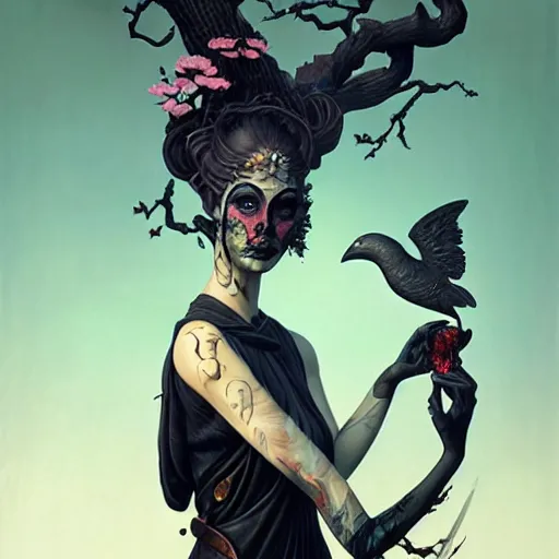 Prompt: fantasy portrait of a woman made of obsidian and smoke, carved Japanese Sakura wood organic overgrowth, holding nevermore, in GTA V, peter mohrbacher, artgerm, James Jean