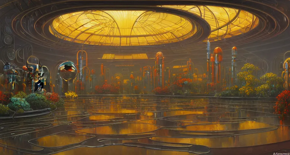 Image similar to a minimalist oil painting by donato giancola, warm coloured, cinematic scifi bioluminescent luxurious futuristic foggy steam filled art deco garden circular shopping mall interior with microscopy minimalist giant windows flowers growing out of pretty bulbous ceramic fountains, gigantic pillars and flowers, maschinen krieger, beeple, star trek, star wars, ilm, star citizen