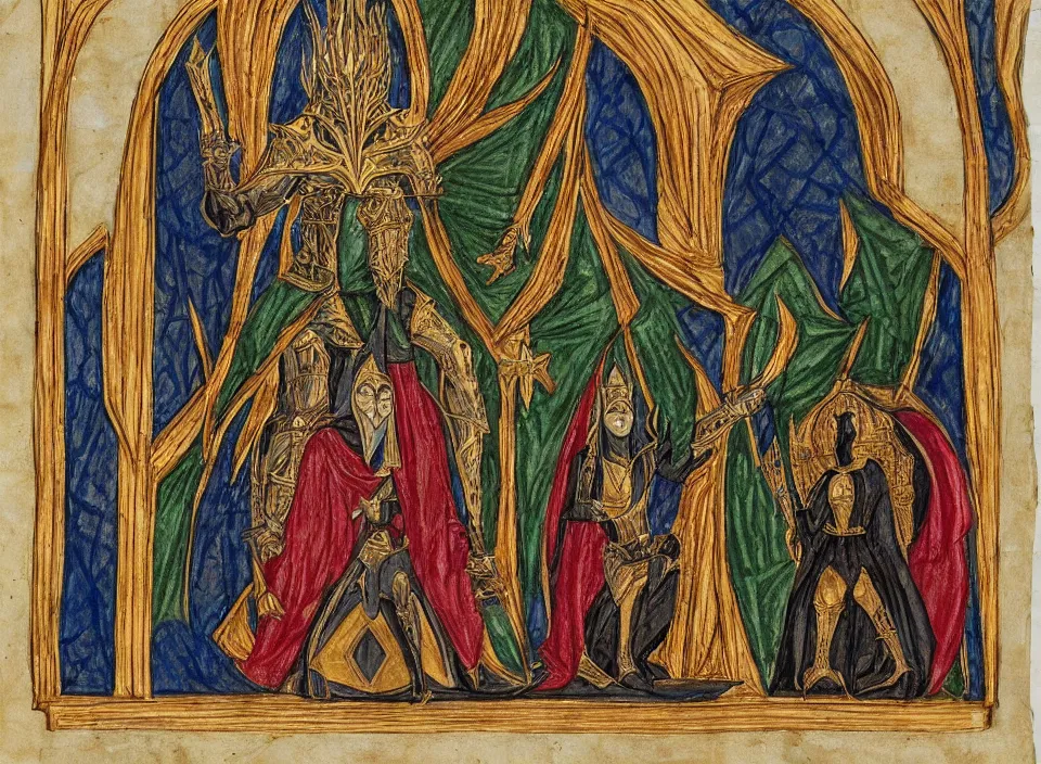 Prompt: a illuminated manuscript drawing of sauron sitting on a throne with the nazgul kneeling in front of him