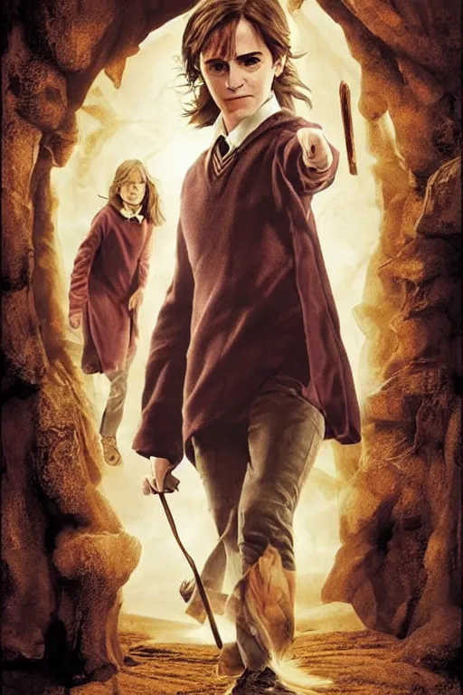 Prompt: Harry Potter movie poster about Emma Watson becoming a camel, design by Drew Struzan