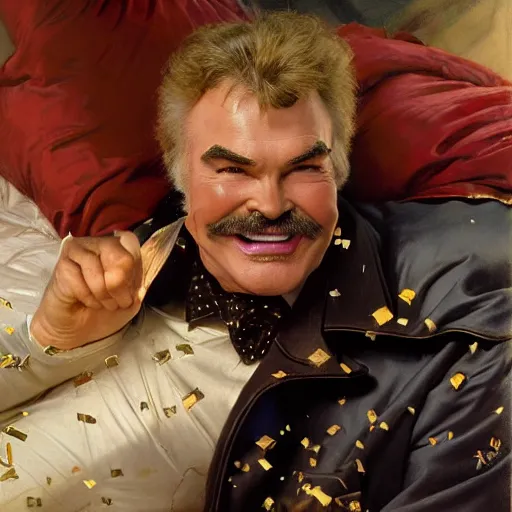 Prompt: burt reynolds is in his bed, nervous and terrified, because an evil rip taylor is throwing confetti from a bucket at him. highly detailed painting by gaston bussiere, j. c. leyendecker, greg rutkowski, craig mullins 8 k