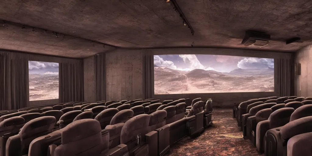 Image similar to view inside from a bioscope cinema hall, unreal 5, hyperrealistic, realistic, photorealistic, dynamic lighting, highly detailed, cinematic landscape, studio landscape, studio lighting