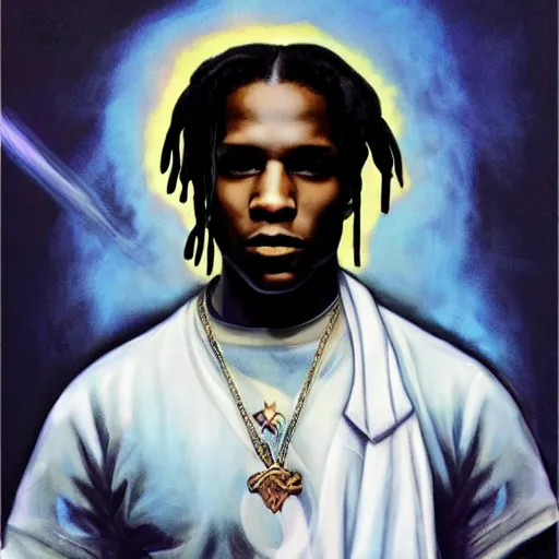 Image similar to asap rocky in the style of keith thompson, magic the gathering art, detailed portrait