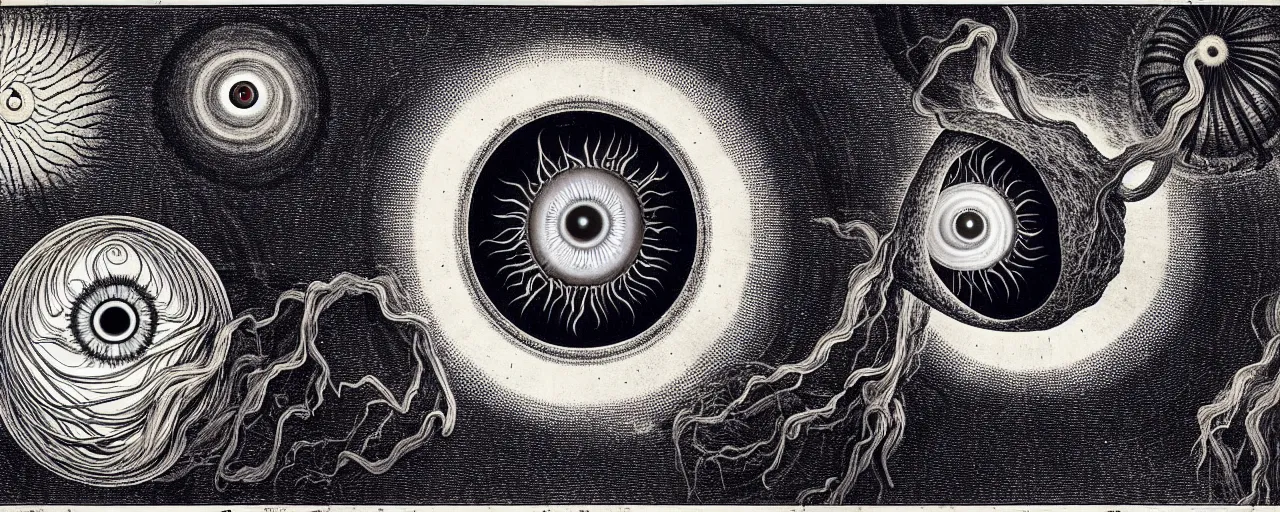 Prompt: a giant eyeball sings a unique canto about'as above so below'to the a cosmic cochlea, while being ignited by the spirit of haeckel and robert fludd, breakthrough is iminent, glory be to the magic within, in honor of saturn, painted by ronny khalil