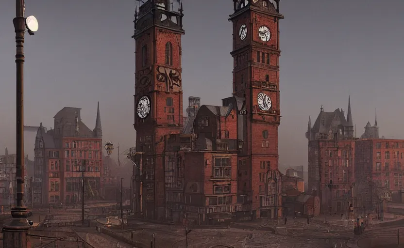 Prompt: an asymetric clocktower, looming above an early 1900s industrial english cityscape at dusk, by tim burton, by zdzislaw beksinski, by igor morski, by laurie lipton, photorealistic, realistic shadows, Burtonesque, German expressionism, 3d, rendered in octane, rendered in lumion, matte painting