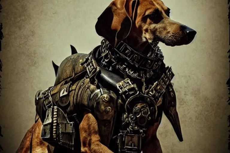 Image similar to a hound dog fursona ( from the furry fandom ), heavily armed and armored facing down armageddon in a dark and gritty version from the makers of mad max : fury road. witness me.