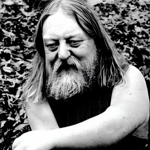 Image similar to robert wyatt cradling a goblin, photograph