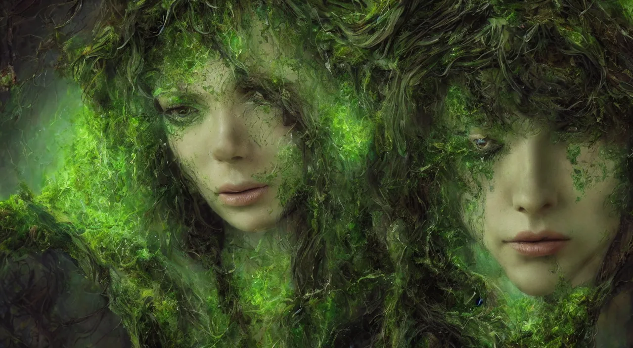 Prompt: Portrait of a moss-covered older Gaia goddess shedding a single tear, highly-detailed, elegant, dramatic lighting, artstation, 4k