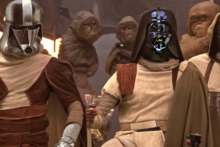 Image similar to the cantina scene from the medieval morality play star wars