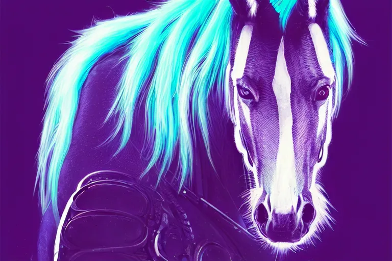 Image similar to a beautiful portrait of a cute cyberpunk horse with bioluminescent mane by sandra chevrier and greg rutkowski and wlop, purple blue color scheme, vaporware, retro, outrun, high key lighting, volumetric light, digital art, highly detailed, fine detail, intricate, ornate, complex, octane render, unreal engine, photorealistic