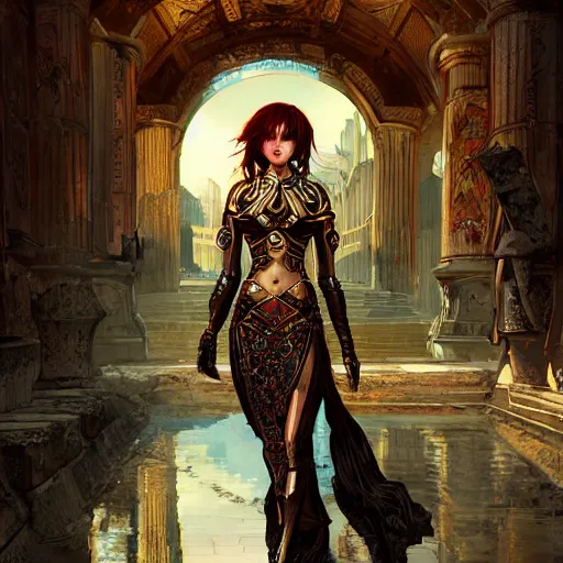 Image similar to portrait knights of Zodiac girl, metallic black and reddish color reflected armor, in ruined Agora of Athens, ssci-fi, fantasy, intricate, very very beautiful, elegant, golden light, highly detailed, digital painting, artstation, concept art, smooth, sharp focus, illustration, art by WLOP and tian zi and alphonse mucha