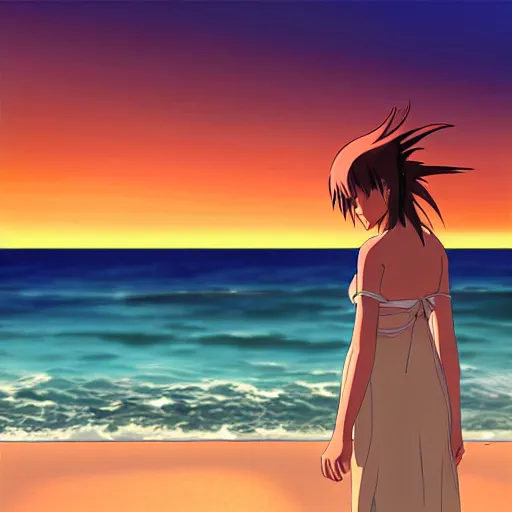 Prompt: woman looking at the sea on the beach during sunset, realistic shaded, highly detailed, anime, realistic, by hayao miyazaki