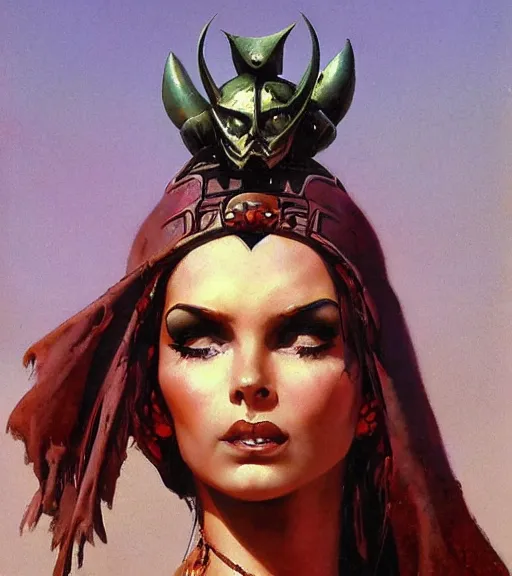 Image similar to evil princess of the wasteland, scrap metal headdress, strong line, deep color, cloudy sky, beautiful! coherent! by brom, by frank frazetta, low angle