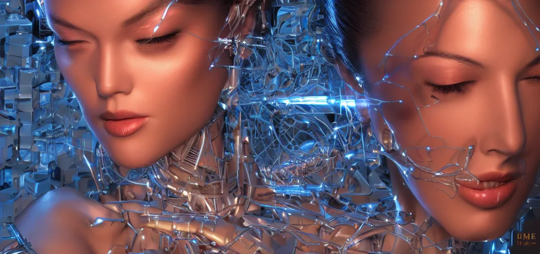 Image similar to beauty woman made of small cubes and lasers, very detailed, dramatic lighting, mechanical details, electrical details, high details, 4k, 8k, trending on artstation, by Hajime Sorayama and Boris Vallejo