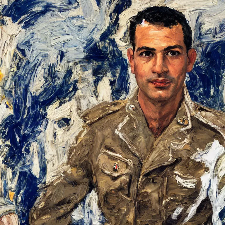 Image similar to close up studio portrait of very handsome Persian Air Force Pilot in 1967, impasto heavy brushstrokes oil painting by Lucian Freud and Tim Hawkinson and Cy Twombly, trending on artstation Studio lighting Expressionism