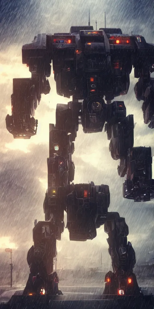 Image similar to Battletech mech in a city, futuristic, rain, industrial, 8k, high detail, unreal render, concept art, Mechwarrior, masterpiece, Artstation