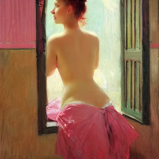 Image similar to A woman looking through a rainy window, back view, pink string bikini, modest, 1950s, americana, award-winning, warm colors, by Ilya Repin, deviantart
