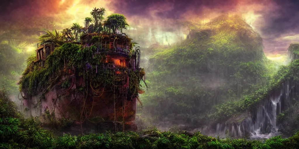 Prompt: a rusty ethereal ghost ship in a prehistoric jungle, lush flora, waterfall, mountains, dark towering clouds, flowers, vines, sunset, hazy, volumetric lighting, rtx on, washed out colors, an award winning digital render, beautiful, stunning, ultradetailed, great composition