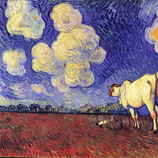Prompt: a cow is running in the sky ， by van gogh, post - impressionism, cezanne, gaugin, van gogh, seurat, - h 7 6 8