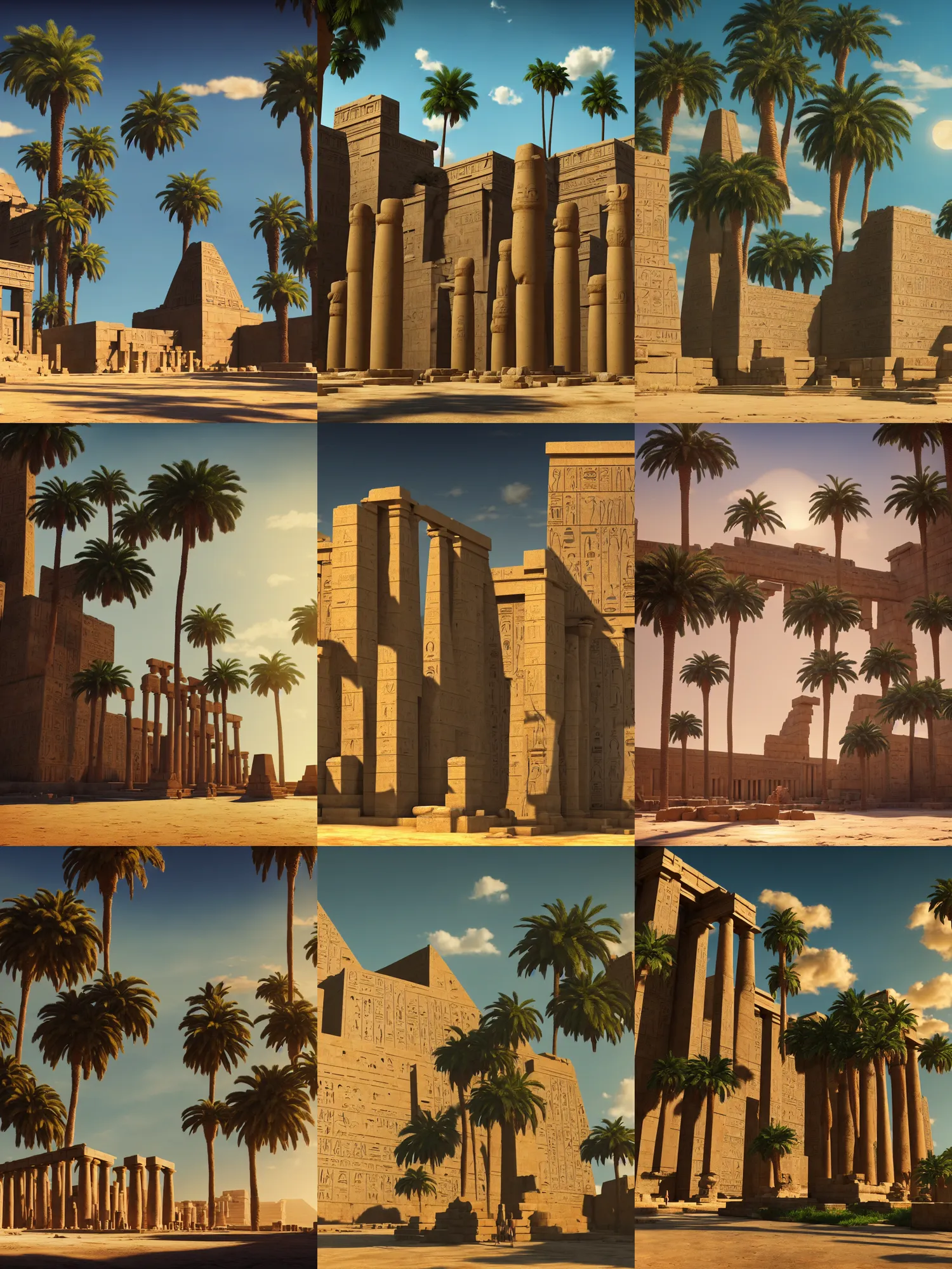 Prompt: beautiful ancient egyptian temple, photorealistic, dramatic shadows, palm trees, evening, puffy clouds, ultrawide establishing shot, high contrast, octane render, rtx, hdr, unreal engine, widescreen 8 k, studio ghibli, pixar, disney, prince of egypt