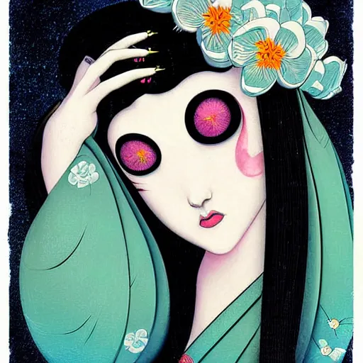 Image similar to digital painting of an pastle goth geisha by terese nielsen, mark ryden, amy sol in the style of, vintage shoujo, fantastic planet, 6 0 s poster art, minimalist poster art, flowers, stipple art, artgerm