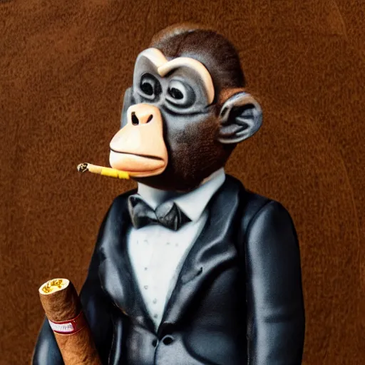 Image similar to a high detail closeup shot of a depressed monkey wearing a suit and smoking a cigar