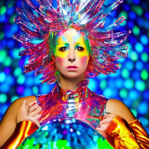 Image similar to jollyfish magazine cover photo, a woman wearing a dress made out of colorful dripping latex and a fancy intricate shiny reflective headdress made out of mirrors, standing in front of a detailed metallic backdrop made out of aluminum foil, shallow depth of field, super - detailed, volumetric lighting, light beams, sharp, no artifacts