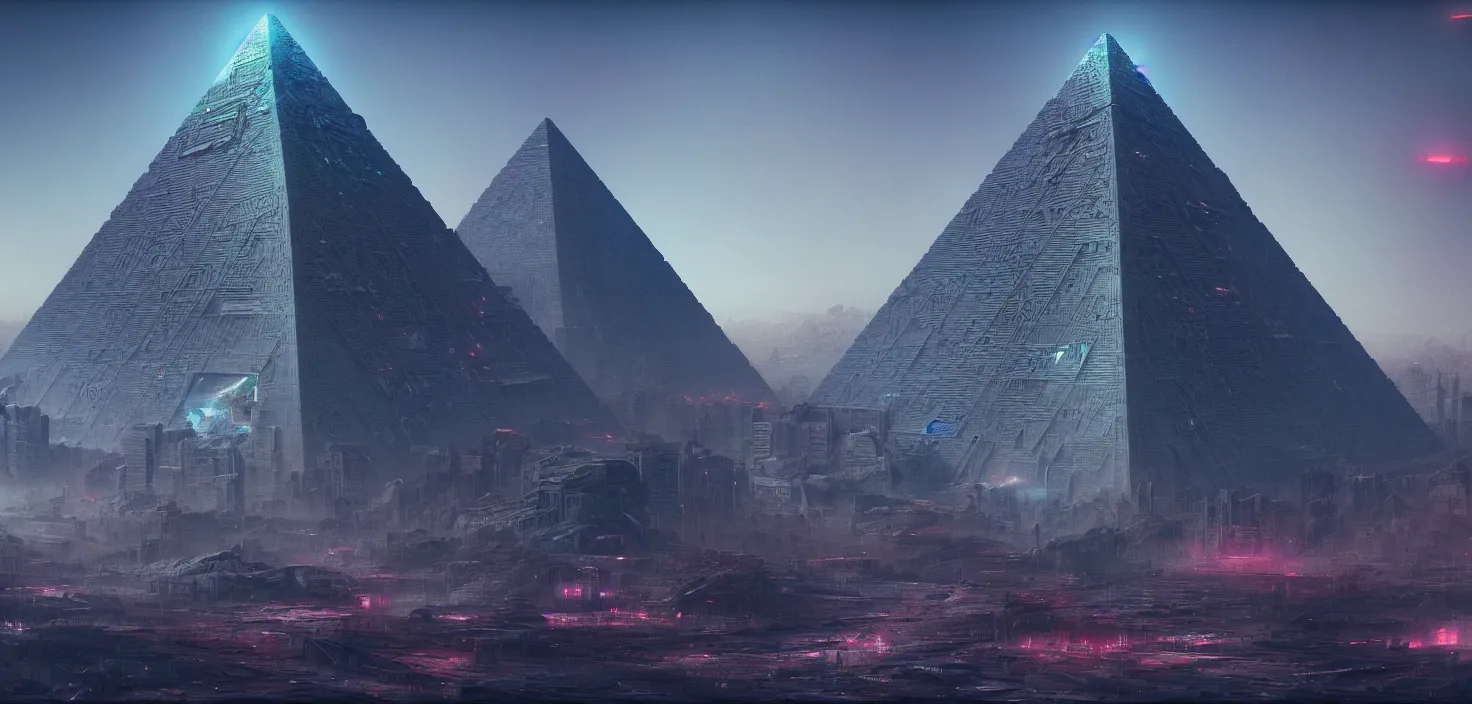 Image similar to cyberpunk egiptian pyramid overview, HR Giger, Wadim Kashin, in Zdzisław Beksiński color scheme, featured in artstation, octane render, cinematic, elegant, intricate, 8k