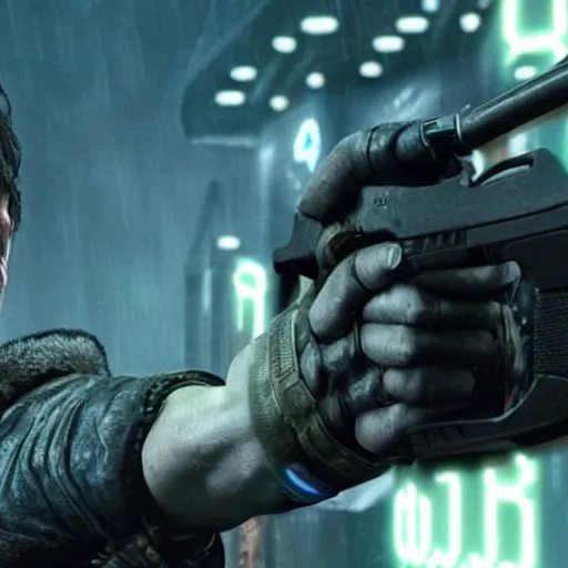 Image similar to todd howard pointing a gun towards the camera and forcing you to buy skyrim, threatening, sharp, cinematic, colorful, digital, neon, bright, cyberpunk, blade runner 2 0 4 9, realistic