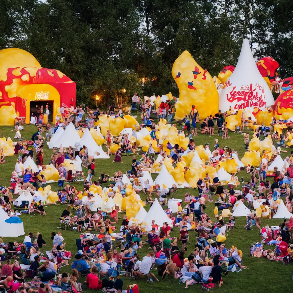 Prompt: festival theme camp called the poppin'kernels, with giant popcorn and movie projector outdoors at dusk