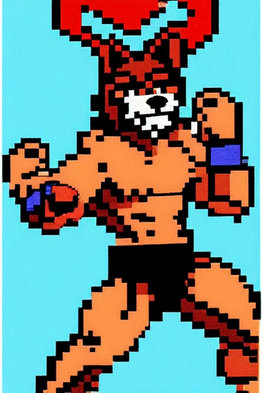 Image similar to extreme long shot. 8 bit nes graphics. antropomorphic muscular masculine wolf. kickboxer fighter, in shorts. wolf head. furr on body. art from nes game cartridge