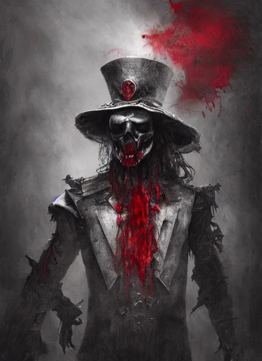 Image similar to the ghost - spirit of the grim - hatter wears the scarlet skull armor and blood crown, midnight fog - mist!, dark oil painting colors, realism, cinematic lighting, various refining methods, micro macro autofocus, ultra definition, award winning photo